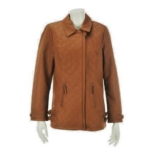 DENNIS BASSO FAUX LEATHER JACKET, COLOR SADDLE, SMALL BRAND NEW!